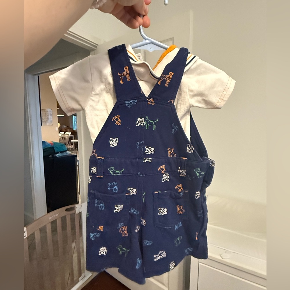 Blue puppy overalls with collared shirt
